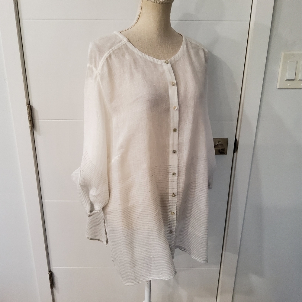 Eileen Fisher Linen White Silver Striped Button-Up Blouse Size 2X - Picture 4 of 12